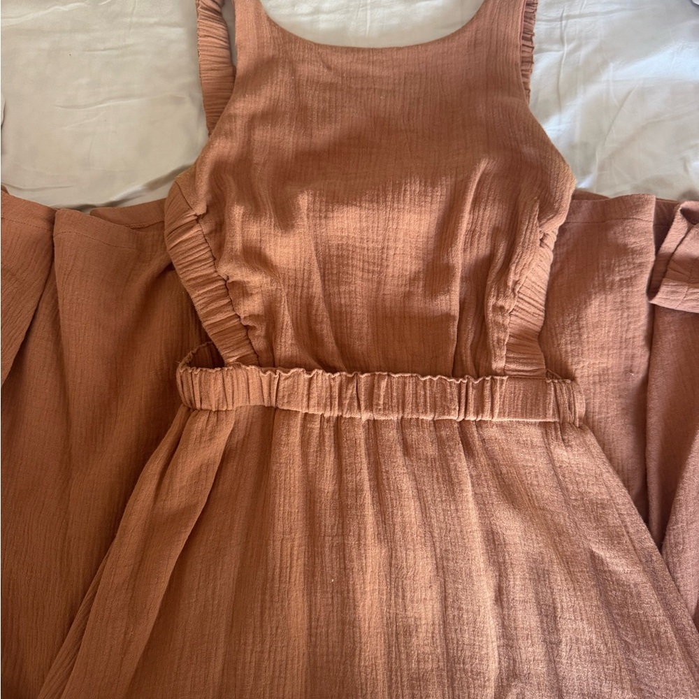 Lush Tan and Rust Ruffle Dress